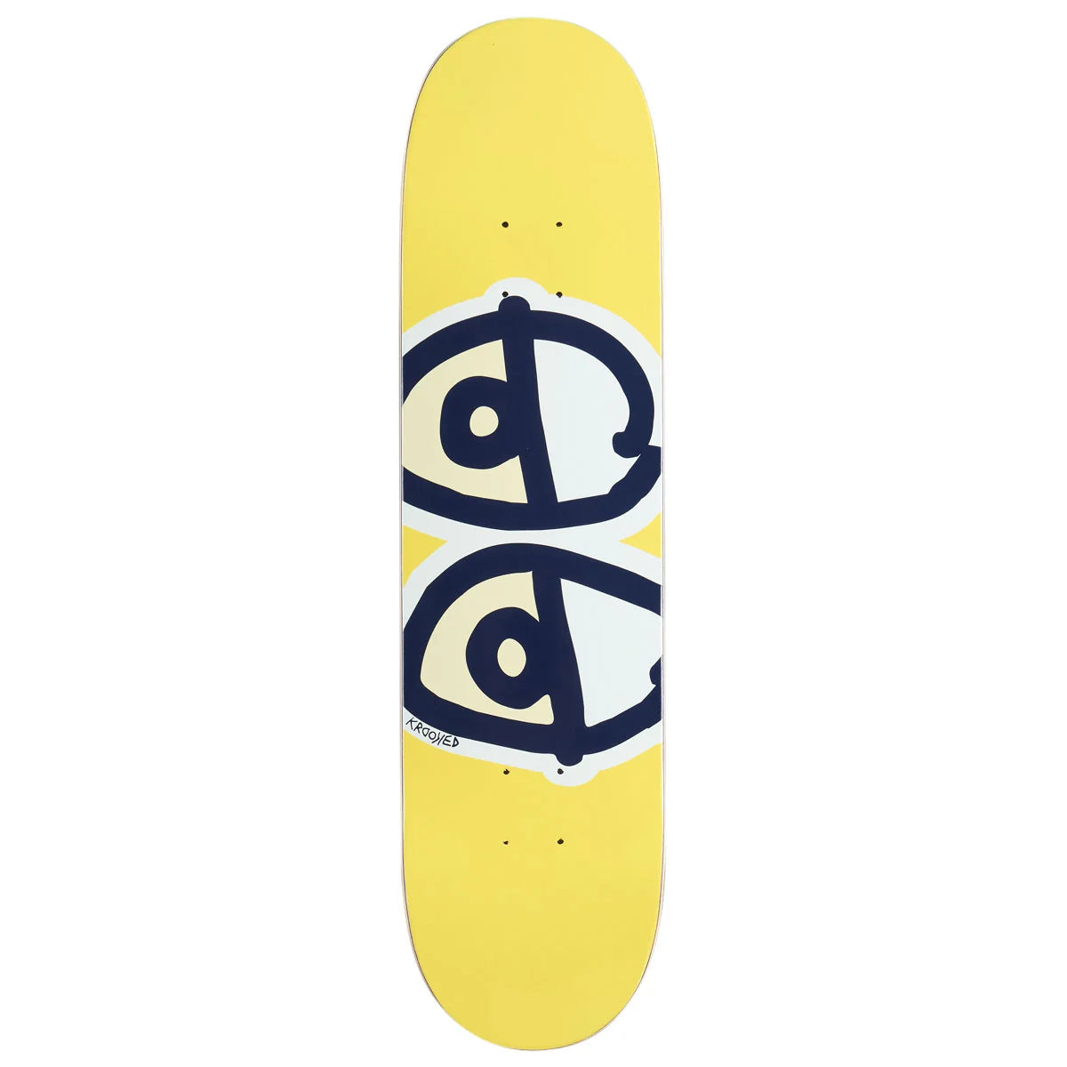 A yellow skateboard deck featuring a large graphic of two stylized eyes in navy blue and white, with the 'Skateboards' brand name printed near the bottom.