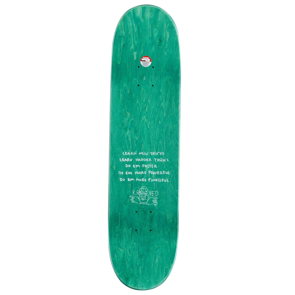 A green skateboard deck with white hand-written style text and a small circular sticker near the nose, shown against a plain white background.
