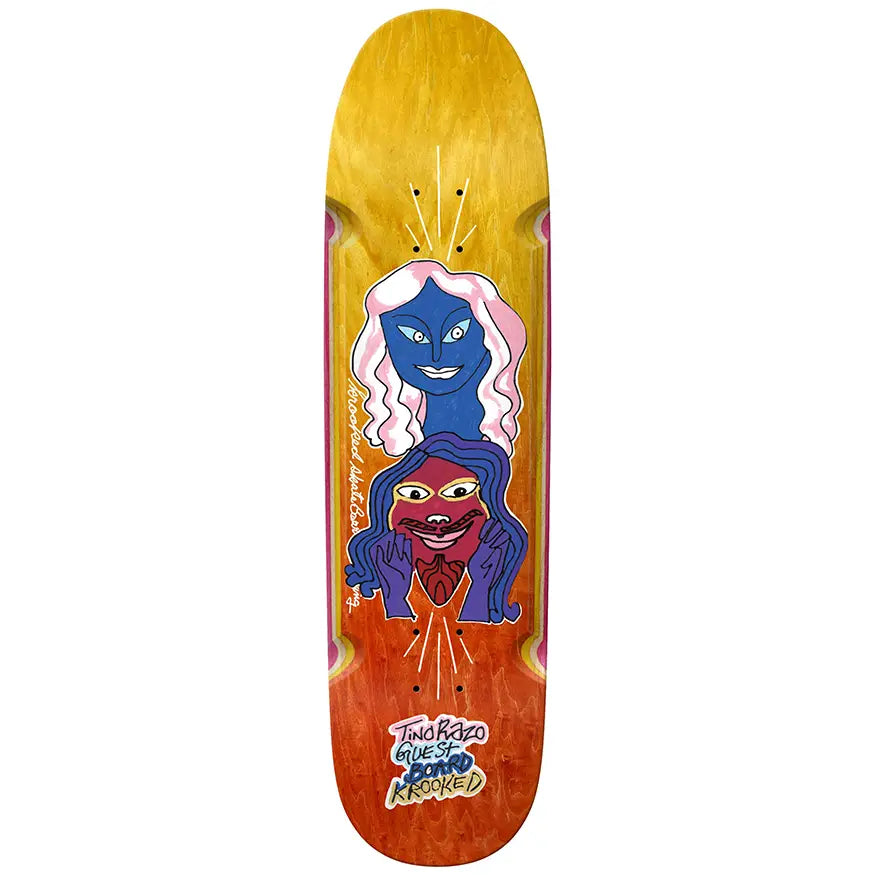 Skateboard deck with colorful design on a white background