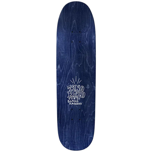 Blue skateboard deck with white text on a white background