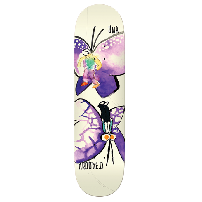 Skateboard deck with butterfly design on a white background