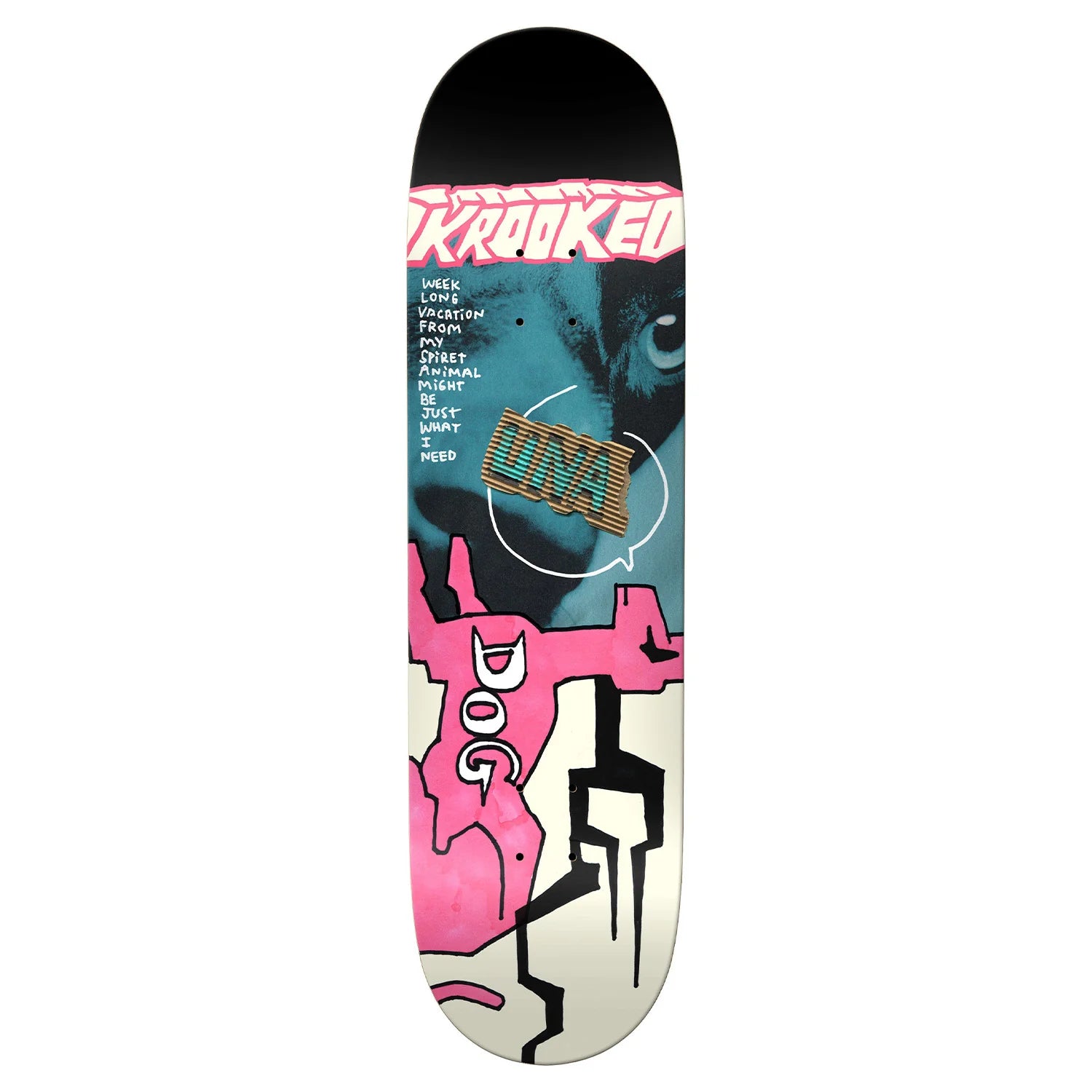 Skateboard deck with colorful design and text on a white background