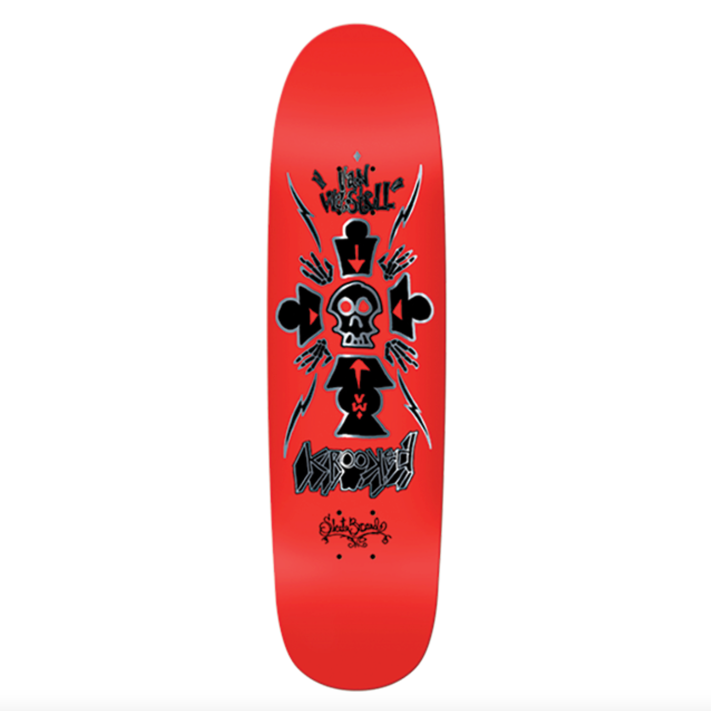Red skateboard deck with black graphic design on a white background