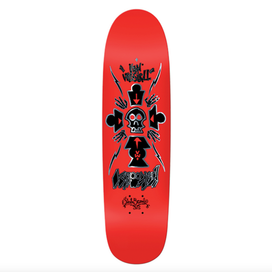 Red skateboard deck with black graphic design on a white background