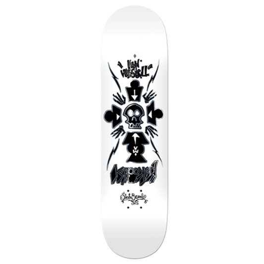 Skateboard deck with black graphics on a white background