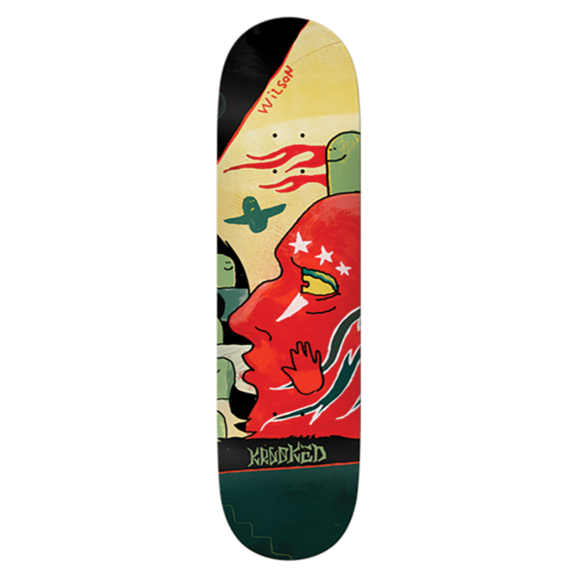 Skateboard deck with artistic design on a white background