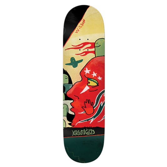 Skateboard deck with artistic design on a white background