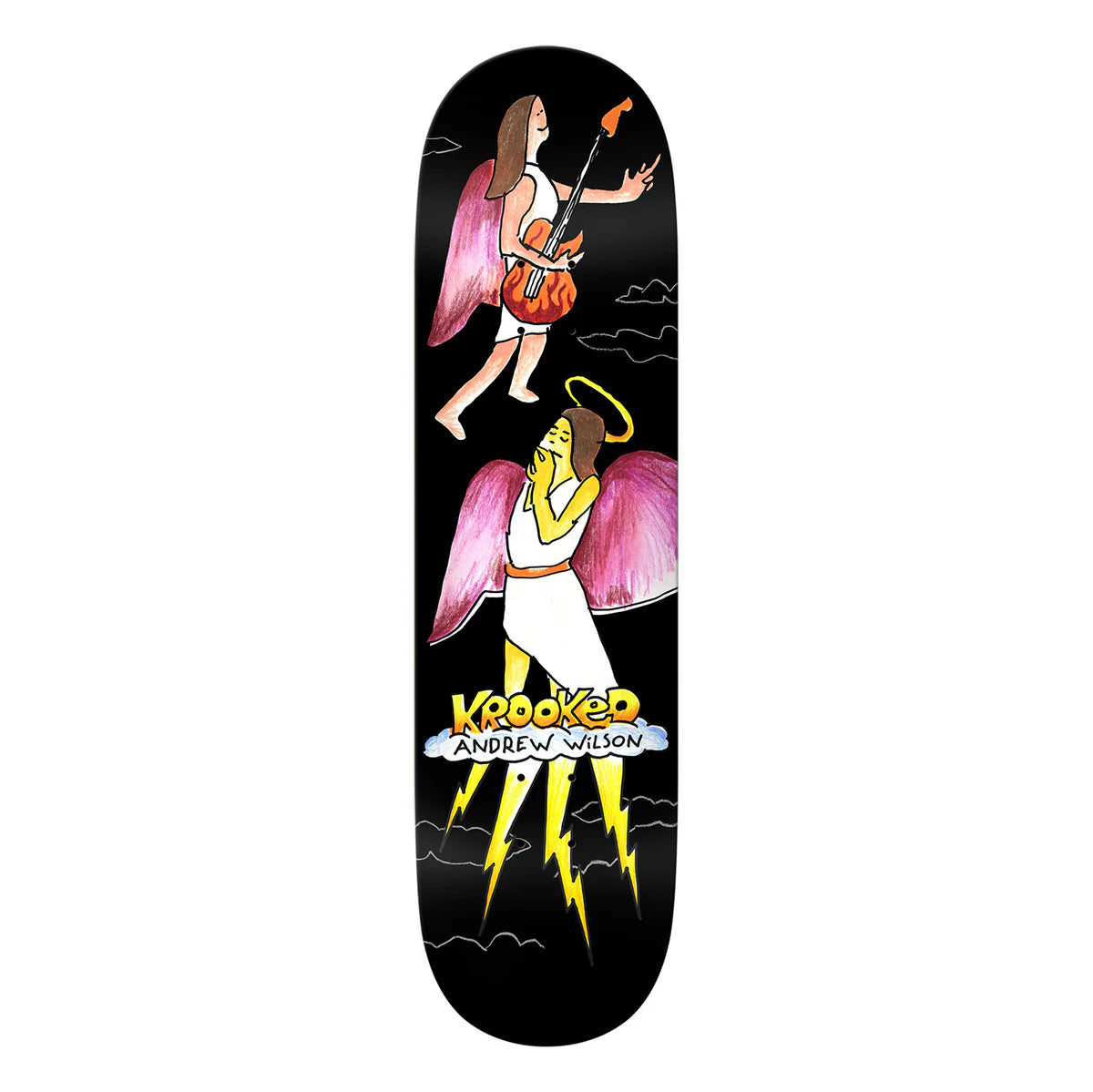 Skateboard deck with angelic design and 'Koboked' branding on a black background