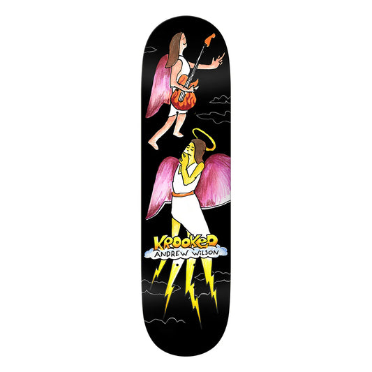 Skateboard deck with angelic design and 'Koboked' branding on a black background