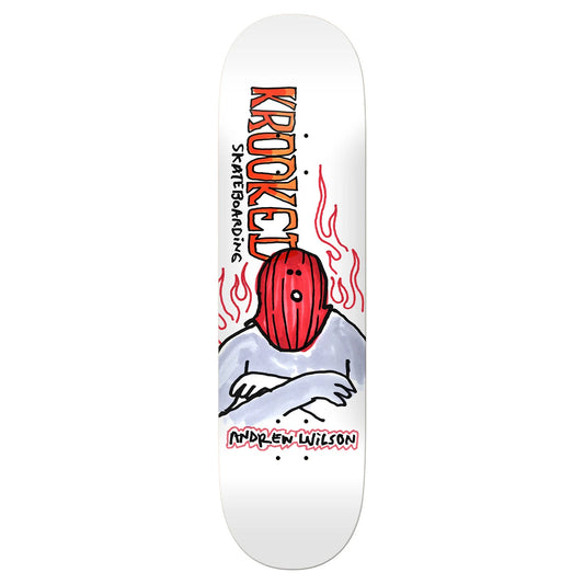 Skateboard deck with a red and white design on a white background