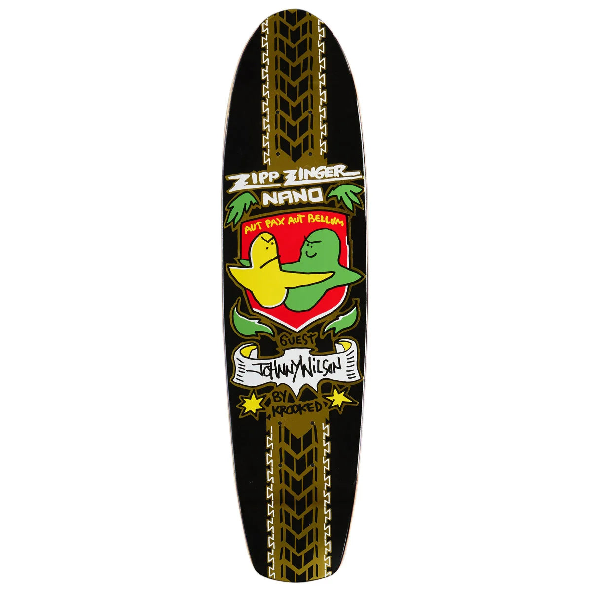 A longboard skateboard deck featuring a black background with gold tire tread patterns on the sides and a colorful central graphic of a green alligator wearing a yellow hat, with text including 'Zipp Zinger Nano' and 'Johnny Wilson by Krooked'.