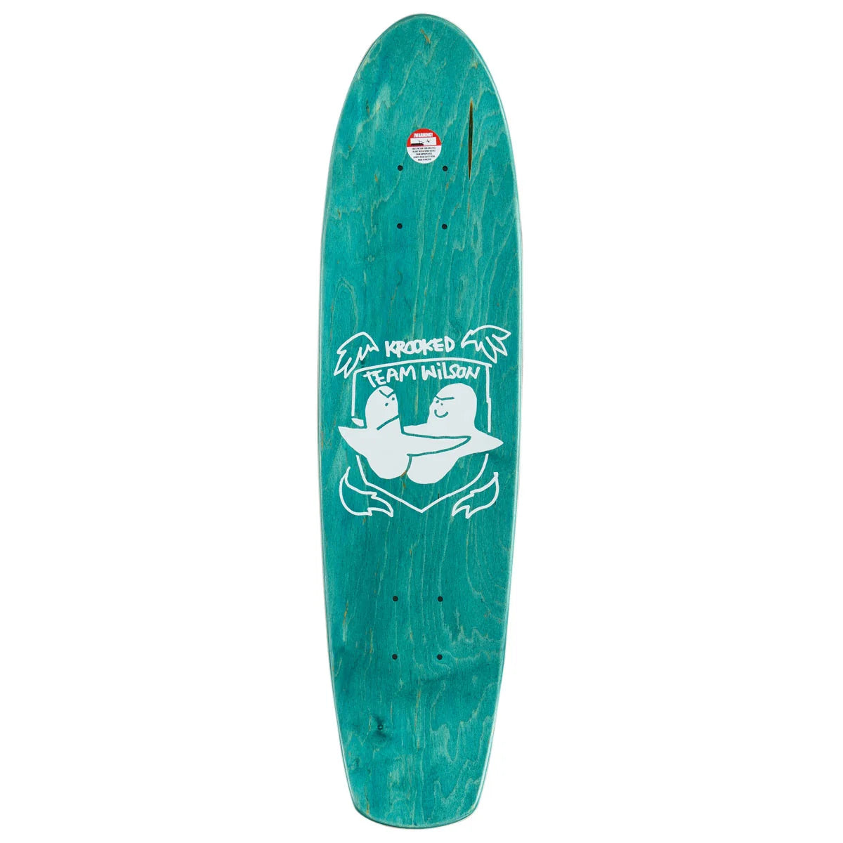 A teal green skateboard deck with a white graphic of a duck wearing sunglasses and the text 'krooked TEAM wilson' on the underside, shown against a plain white background.
