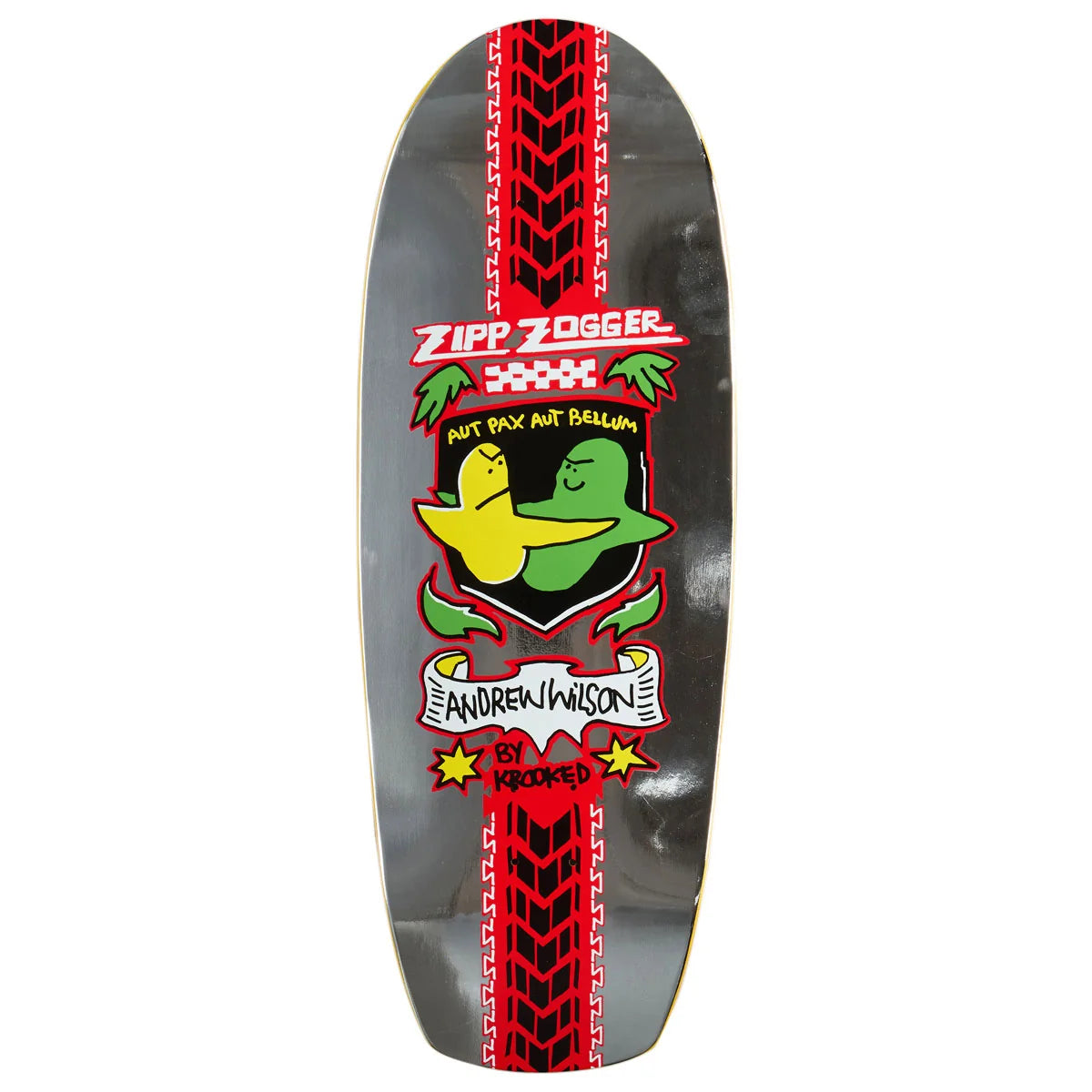 A Zipp Zigger skateboard deck featuring a black background with red tire- tread stripes down the center, a green and yellow mascot, and a graphic for Andrew Wilson by krooked.