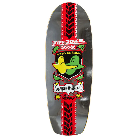 A Zipp Zigger skateboard deck featuring a black background with red tire- tread stripes down the center, a green and yellow mascot, and a graphic for Andrew Wilson by krooked.