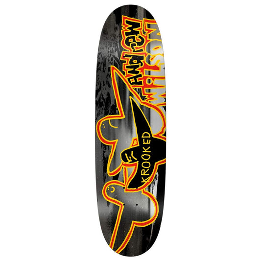 Skateboard deck with black and orange design on a white background