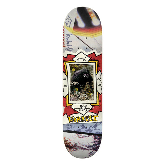 Skateboard deck with colorful design and text on a white background