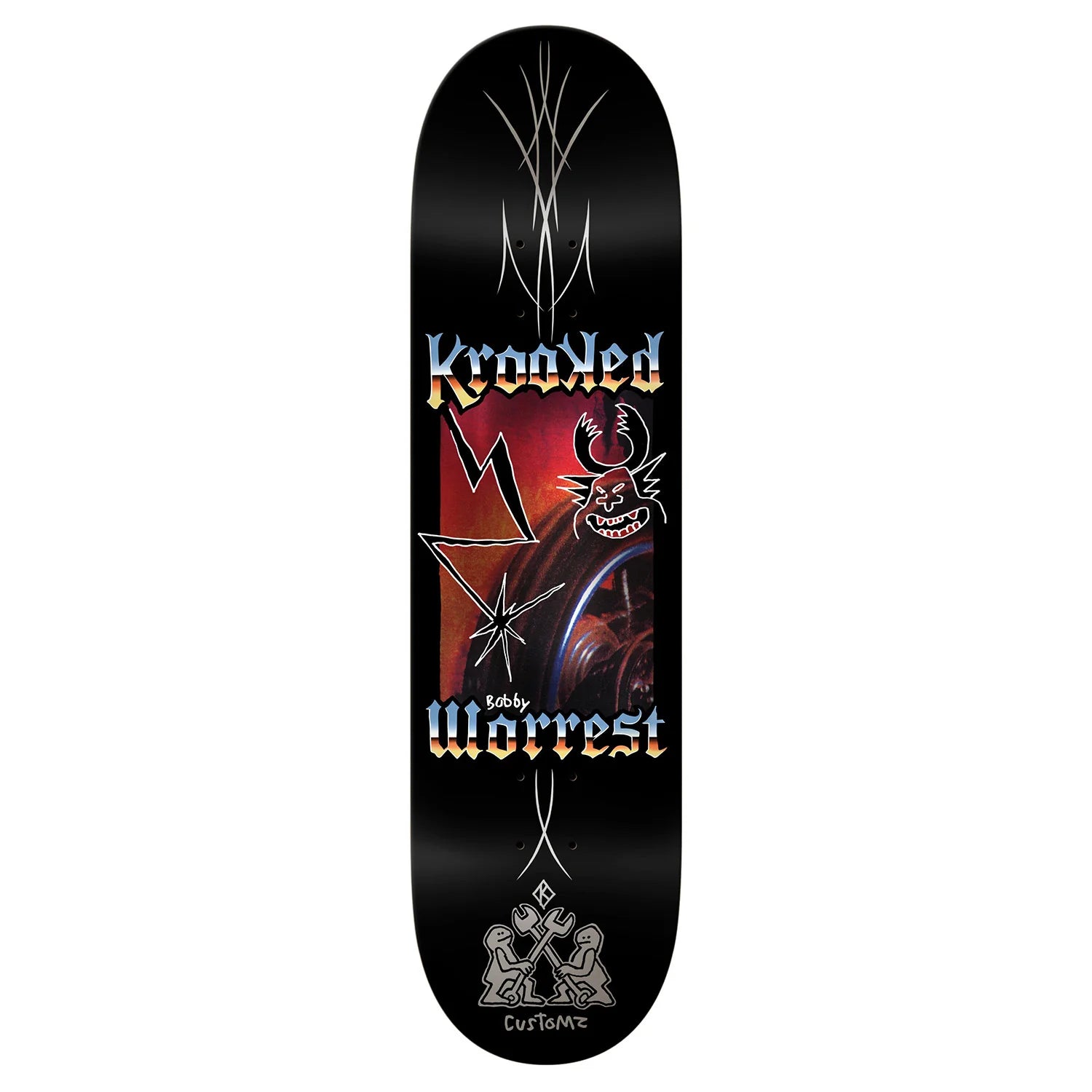 Skateboard deck with intricate designs and text on a black background