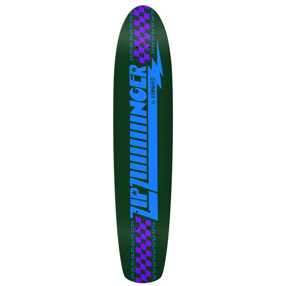A long, narrow skateboard shown upright on a plain white background. The product is dark green with a large bright blue central graphic and purple checkerboard sections near the top and bottom.