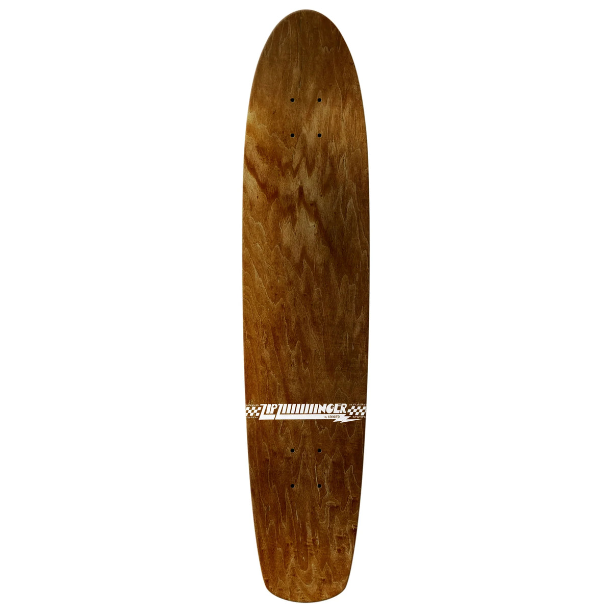 A long wooden skateboard deck with a natural brown wood grain finish and a white graphic logo near the center, shown against a plain white background.