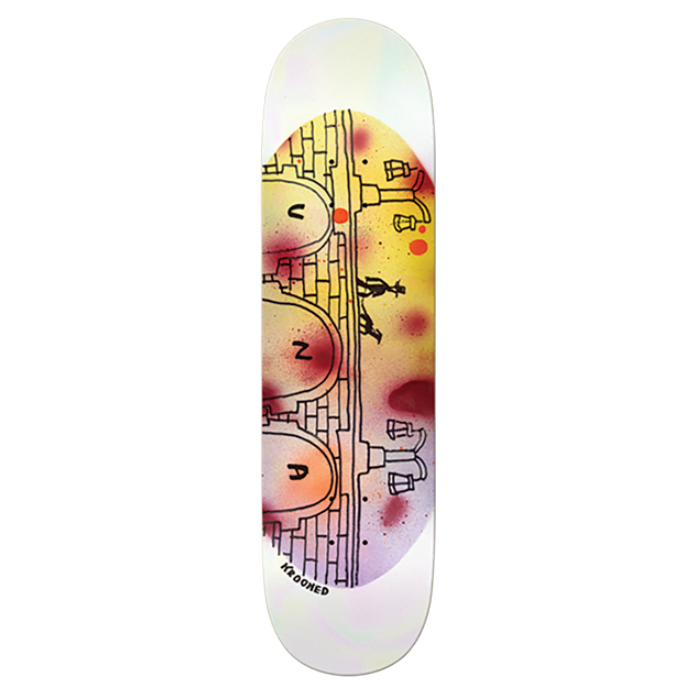 Skateboard deck with colorful design on a white background