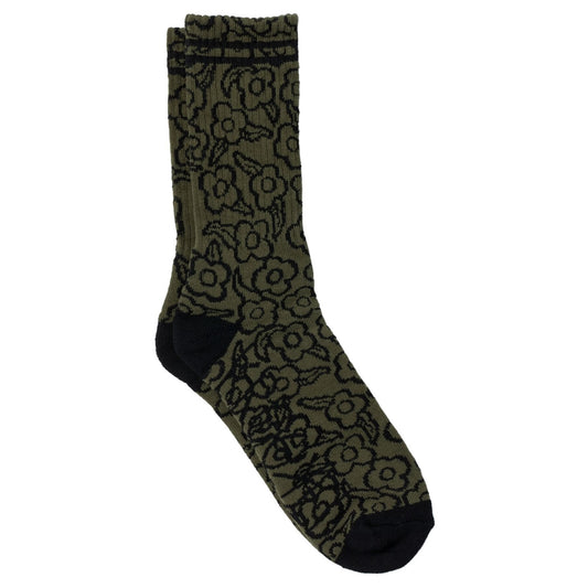 Green sock with black accents on a white background