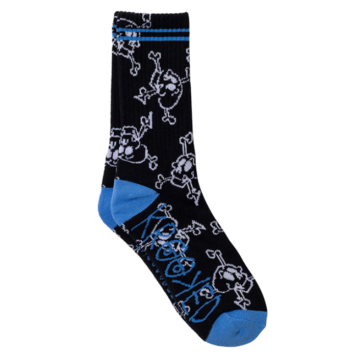 Black sock with skull and crossbones pattern and blue accents on a white background
