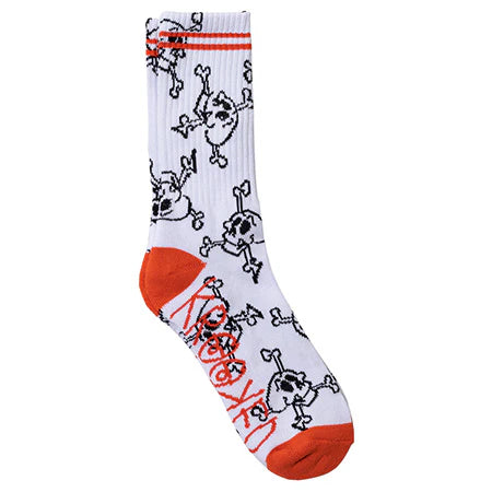 White sock with black skull and crossbones design, red accents, and visible brand name on a white background