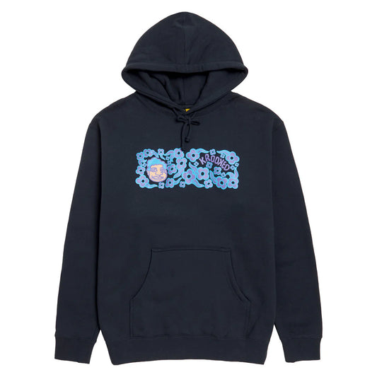 Black hoodie with blue floral design and text on a white background