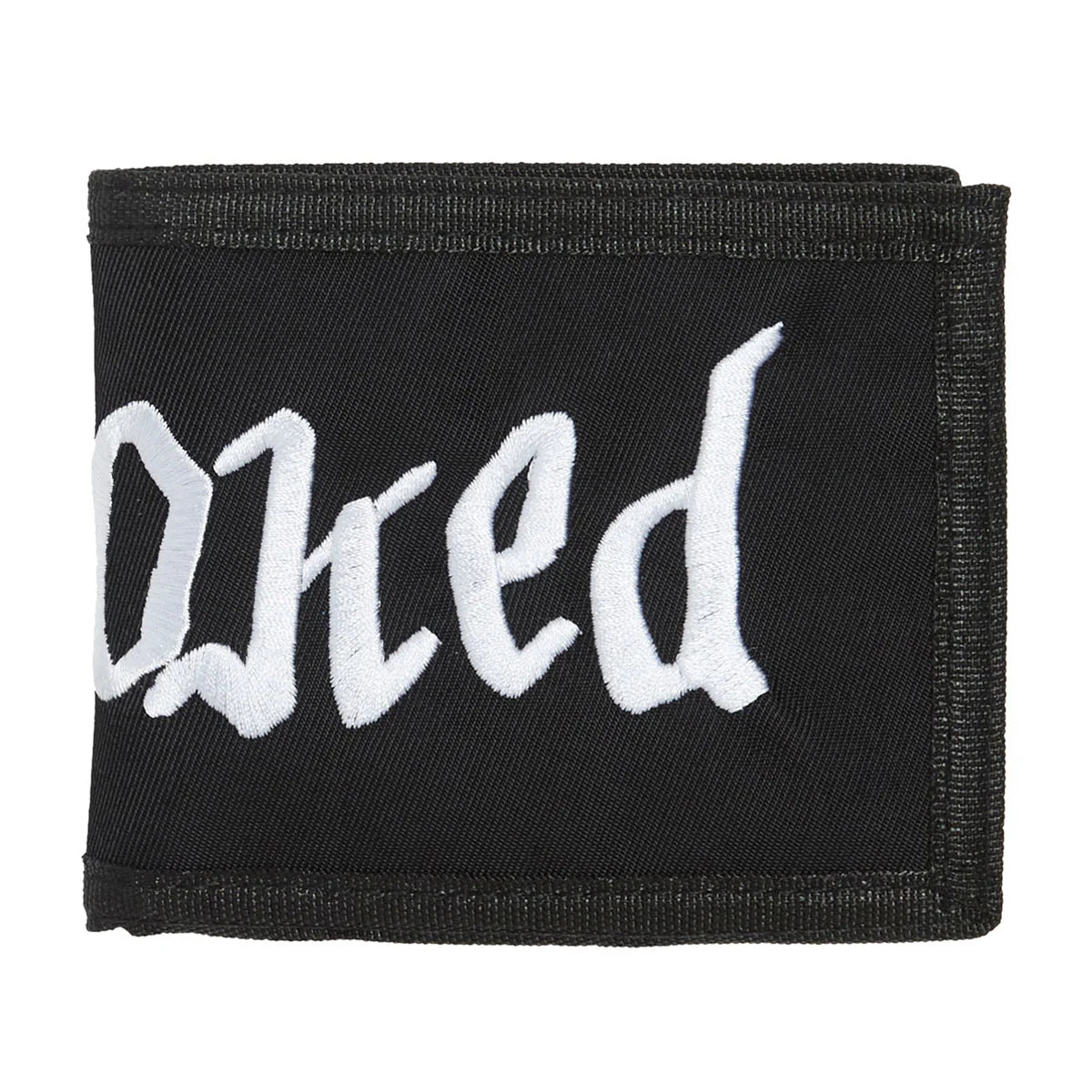 A black fabric bi-fold wallet with white embroidered Gothic-style lettering on the front, shown against a plain white background.