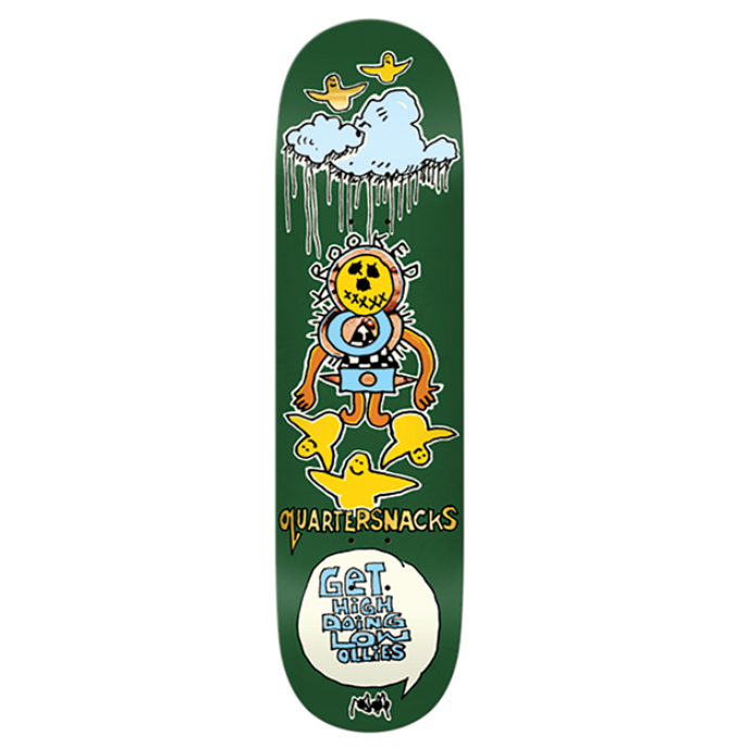Skateboard deck with colorful graphics and text on a white background