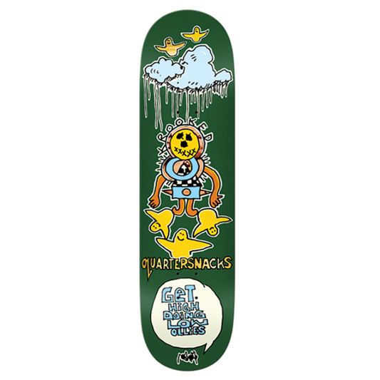 Skateboard deck with colorful graphics and text on a white background