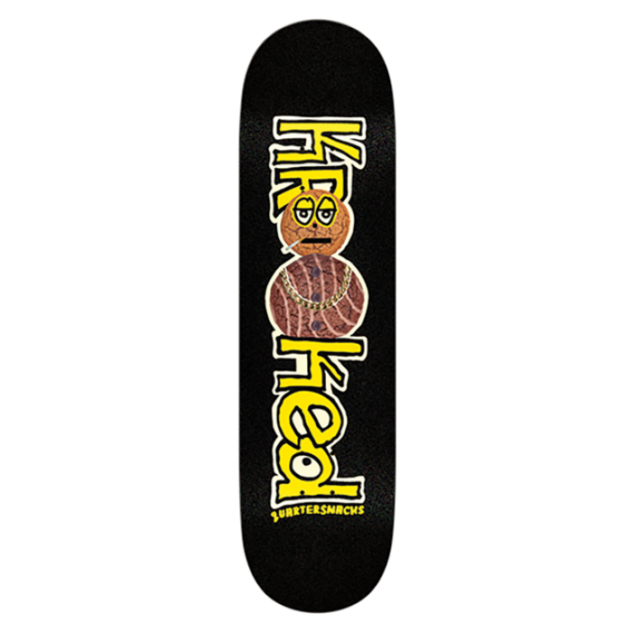 Skateboard deck with a colorful logo on a white background