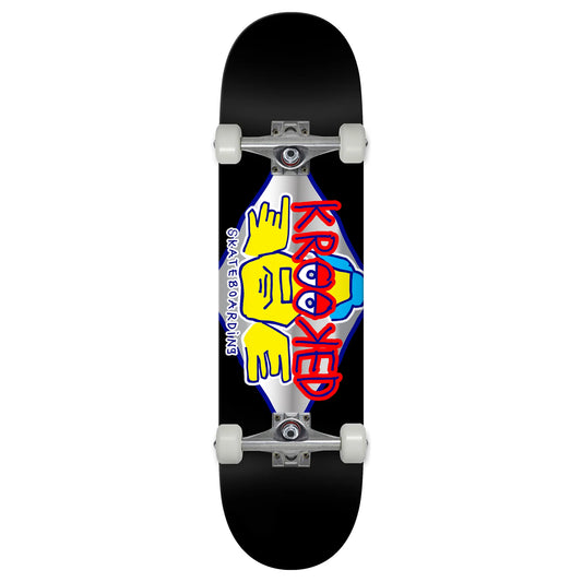 A black skateboard deck featuring a colorful graphic with the word 'KRAZE' in red and yellow, alongside a cartoon face, mounted on silver trucks with white wheels against a plain white background.
