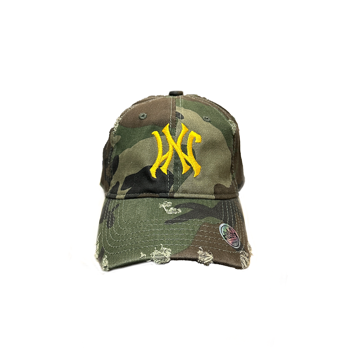 Camouflage baseball cap with yellow logo on a white background