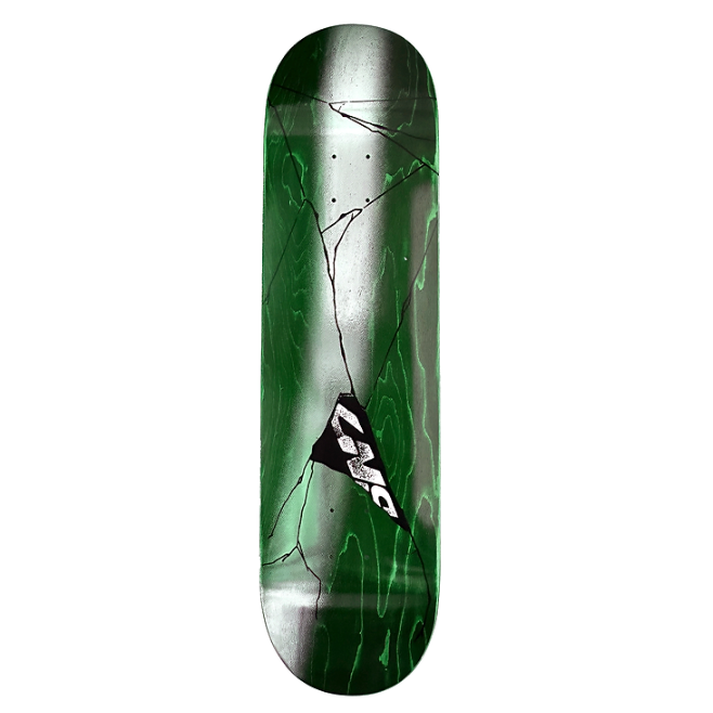 Green and black skateboard deck with a logo on a white background