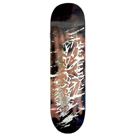 Skateboard deck with a black and white design on a white background