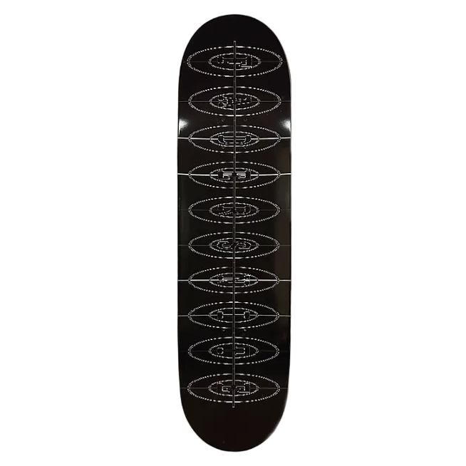 Black skateboard deck with white text on a white background