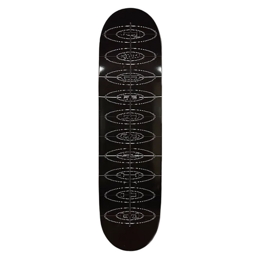 Black skateboard deck with white text on a white background