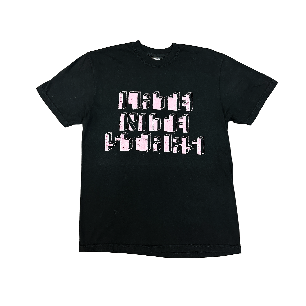 Black t-shirt with white text on a white background
