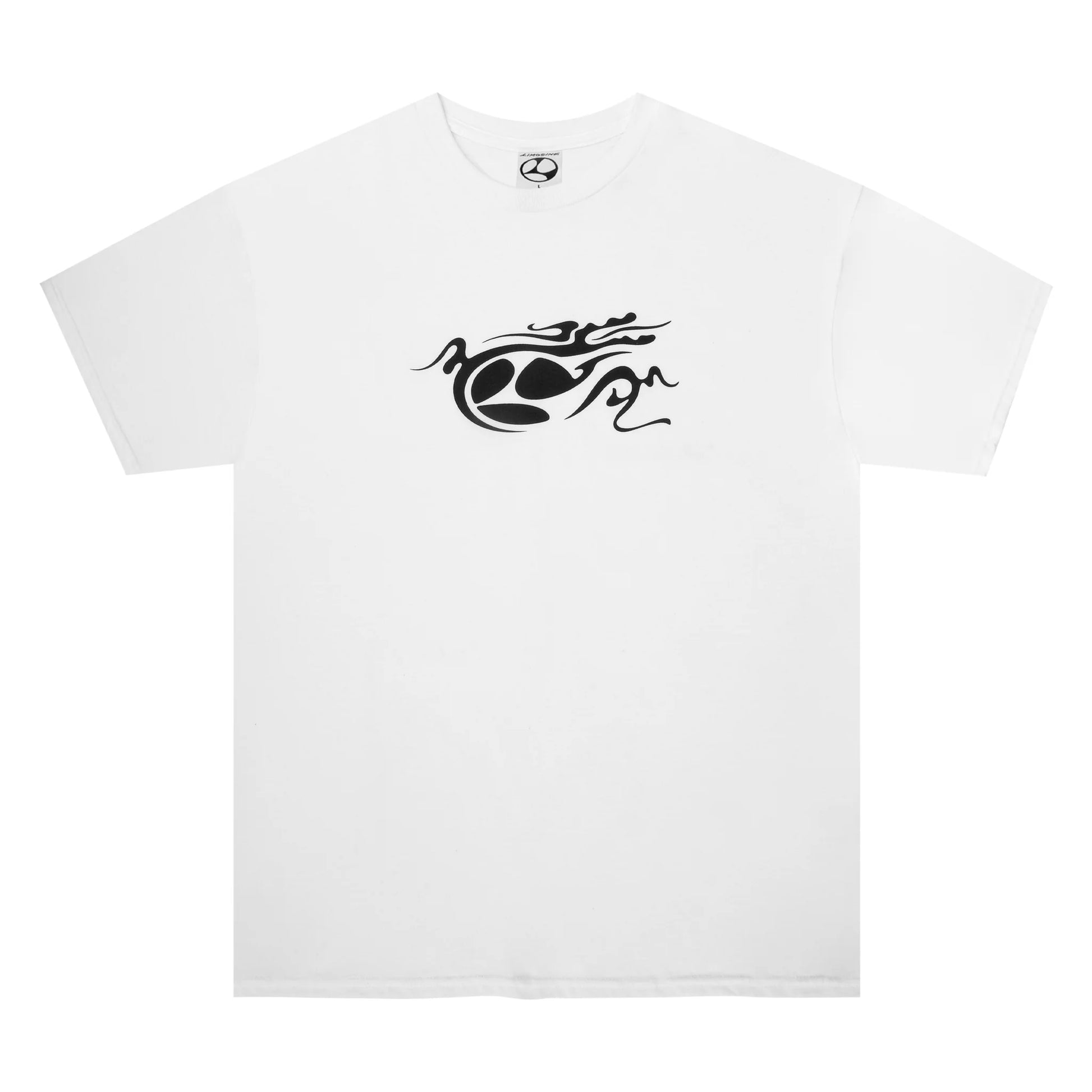 White t-shirt with black graphic design on a white background