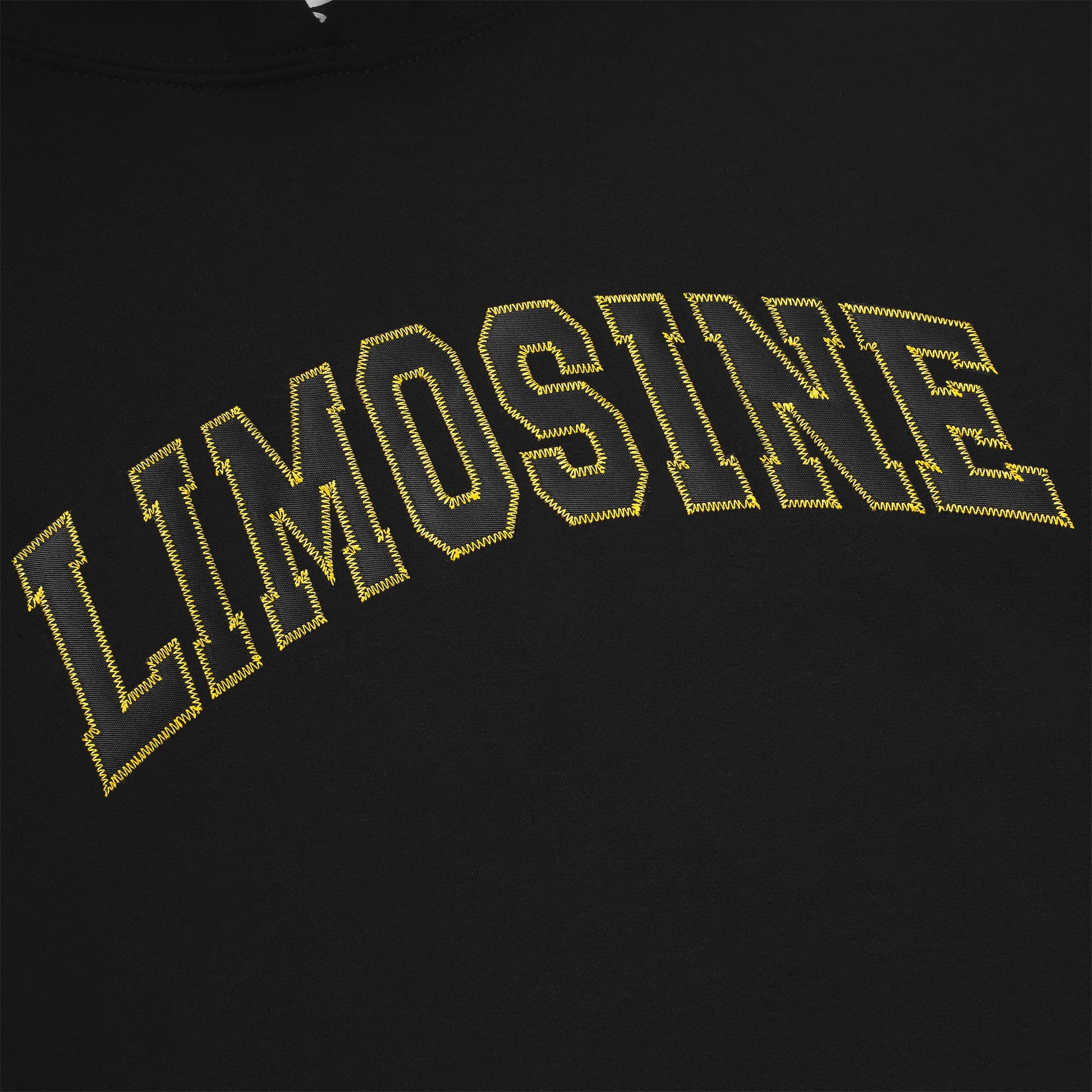 Black hoodie with 'LIMOSINE' embroidered in yellow on a black background