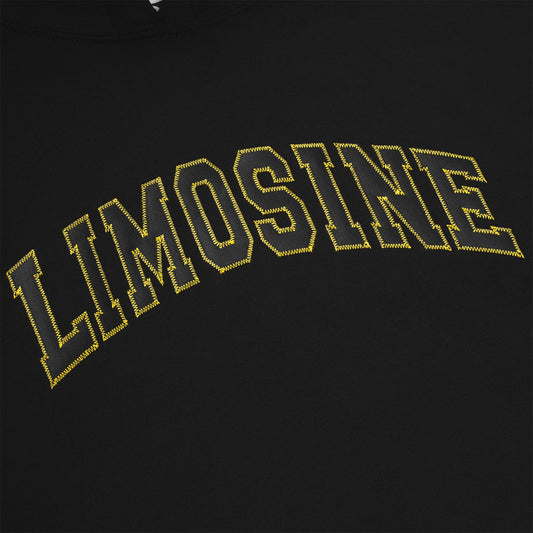 Black hoodie with 'LIMOSINE' embroidered in yellow on a black background
