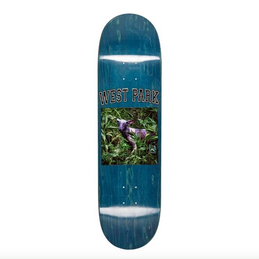 Skateboard deck with 'West Park' branding and a graphic of a person in a grassy area.