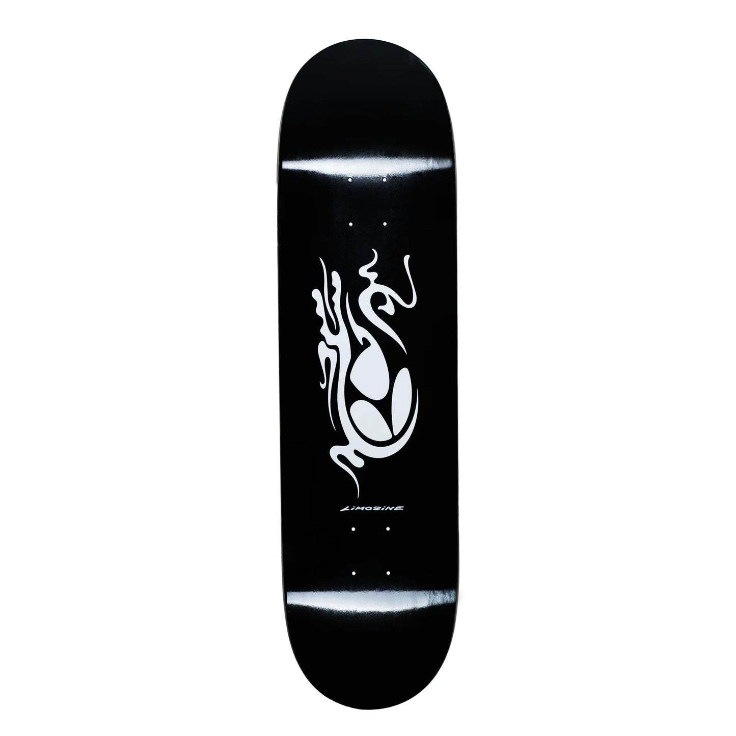 Black skateboard deck with white logo on a white background