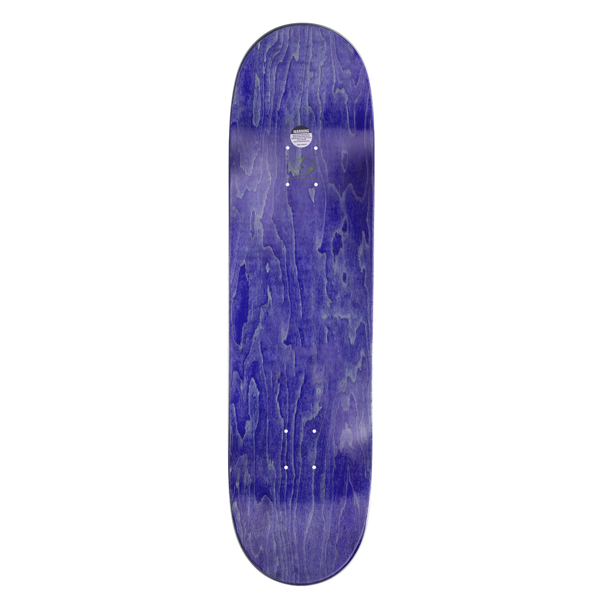 Purple skateboard deck with a visible brand logo on a white background