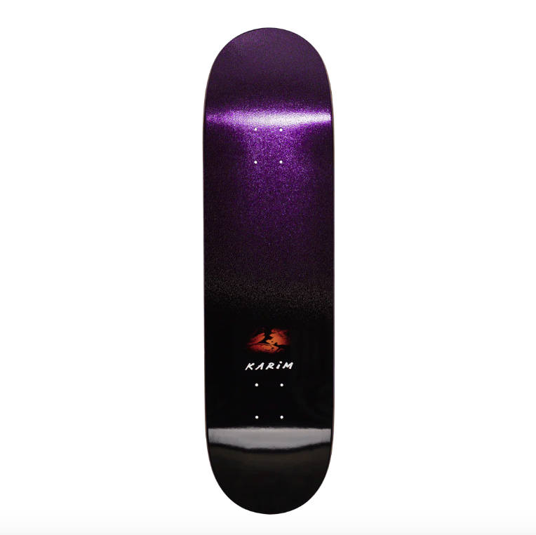 Purple and black skateboard deck with a logo and text on a white background