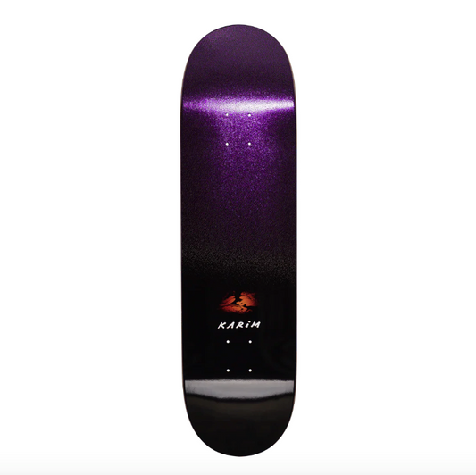 Purple and black skateboard deck with a logo and text on a white background