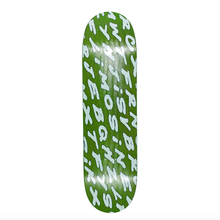 Green skateboard deck with white lettering on a white background