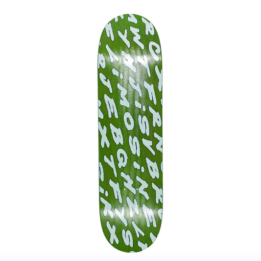 Green skateboard deck with white lettering on a white background