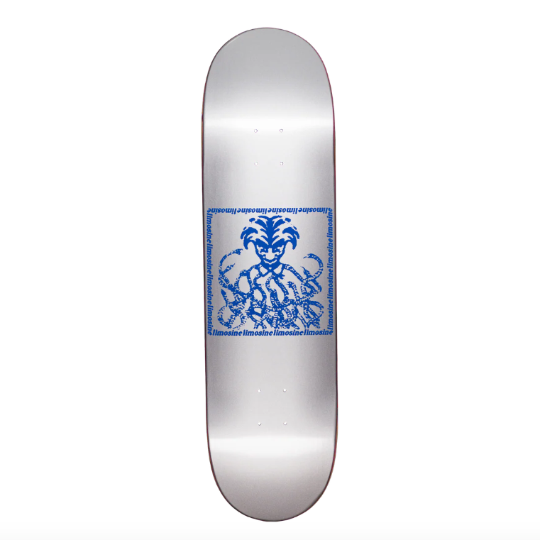 Skateboard deck with blue design on a white background